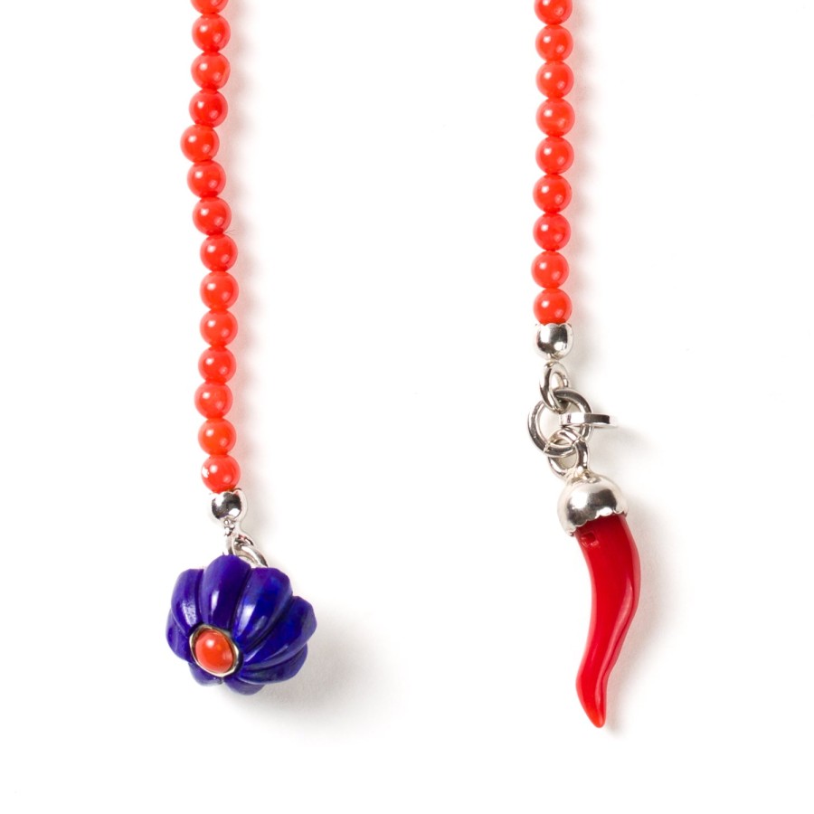 Cufflinks & Jewelry | Barbarulo Napoli Lapel Chain "Lapislazuli & Corail Flower" Made Of Lapis Lazuli, Coral