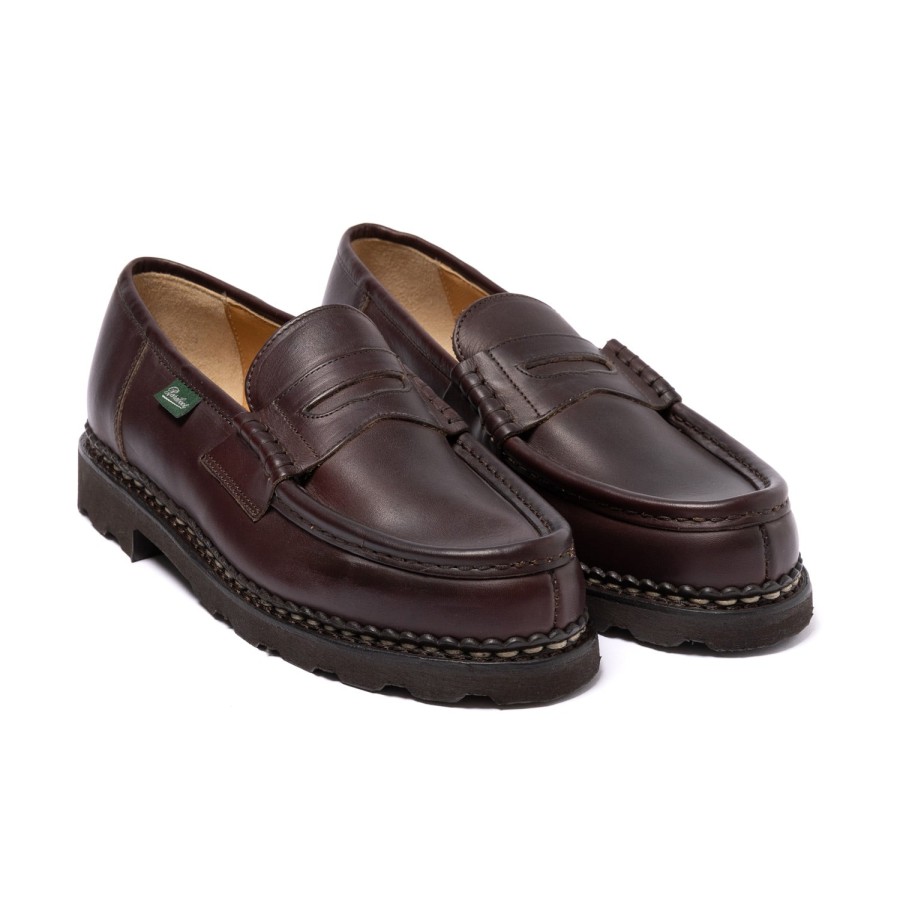 S | Paraboot Dark Brown "Reims" Waxed Calfskin Loafer