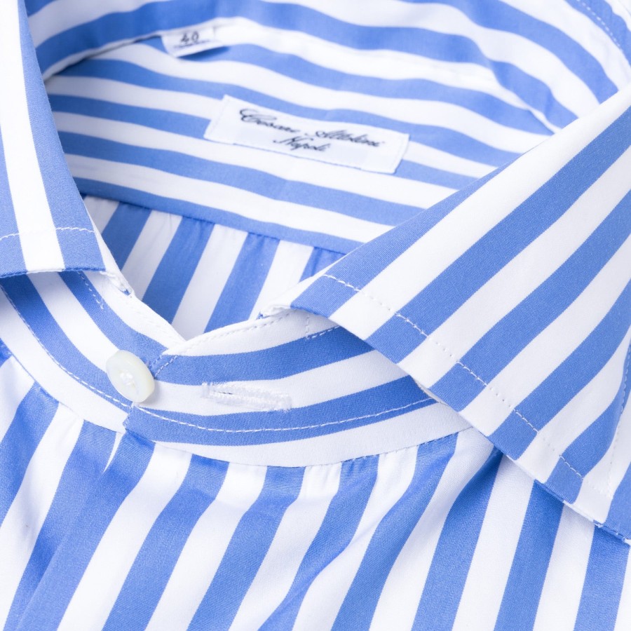 Shirts | Cesare Attolini Pure Cotton Striped Shirt "Cielo Azzurro" From Alumo - Collo Tom