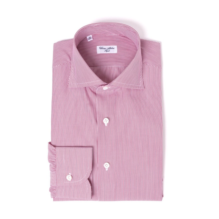 Shirts | Cesare Attolini Dark Red Striped Pure Cotton Shirt "Millerighe" From Carlo Riva - Coll