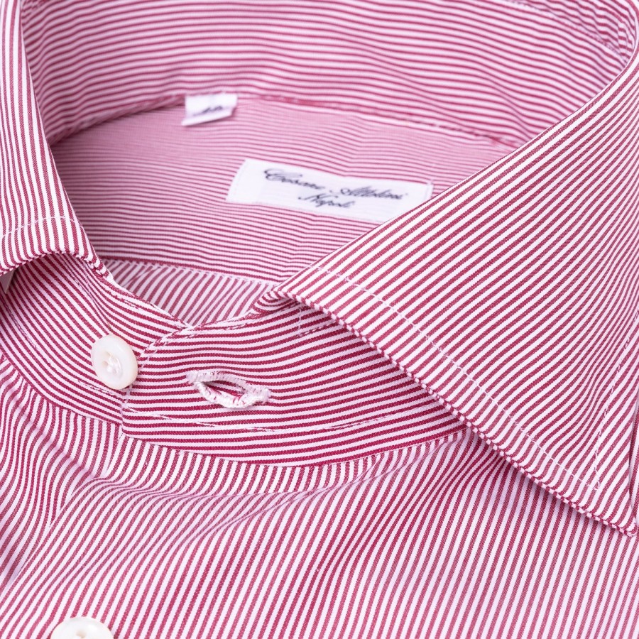 Shirts | Cesare Attolini Dark Red Striped Pure Cotton Shirt "Millerighe" From Carlo Riva - Coll