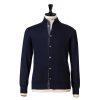 Knitwear | Cesare Attolini Dark Blue Cardigan "Bicolor Bomber Rib" With Stand-Up Collar Made Of P