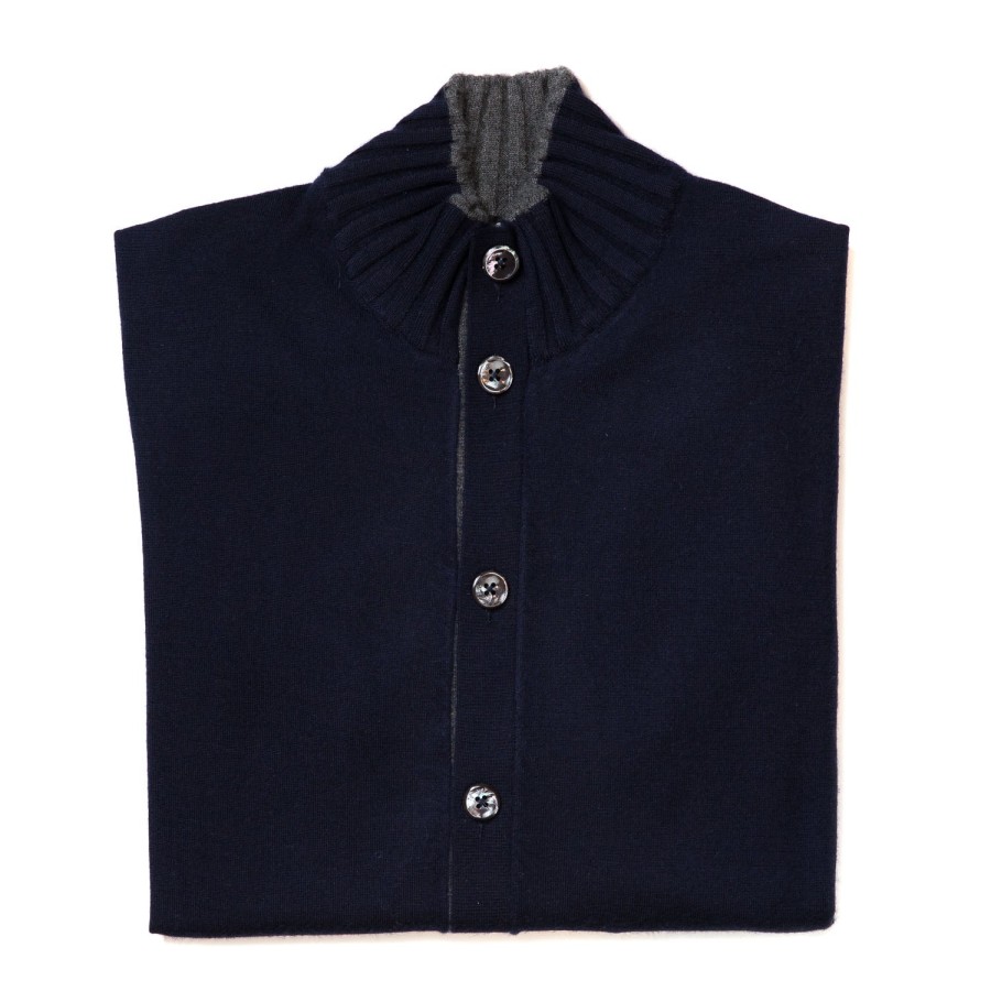 Knitwear | Cesare Attolini Dark Blue Cardigan "Bicolor Bomber Rib" With Stand-Up Collar Made Of P