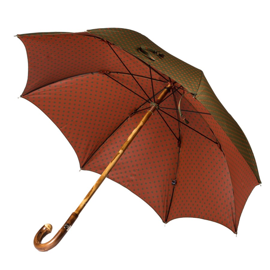 Umbrellas | Maglia Olive-Green Umbrella With Rust-Red Dots And Handle Made Of Chestnut Wood