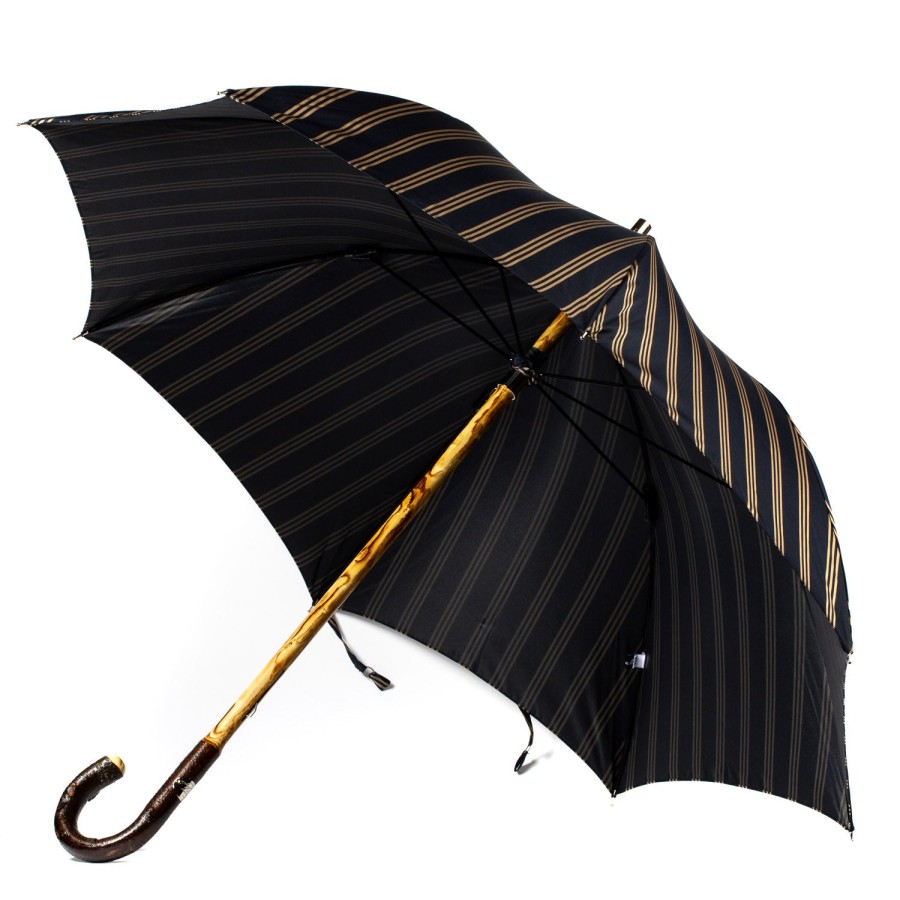 Umbrellas | Maglia Dark Blue Striped Umbrella With Handle Made Of Walnut