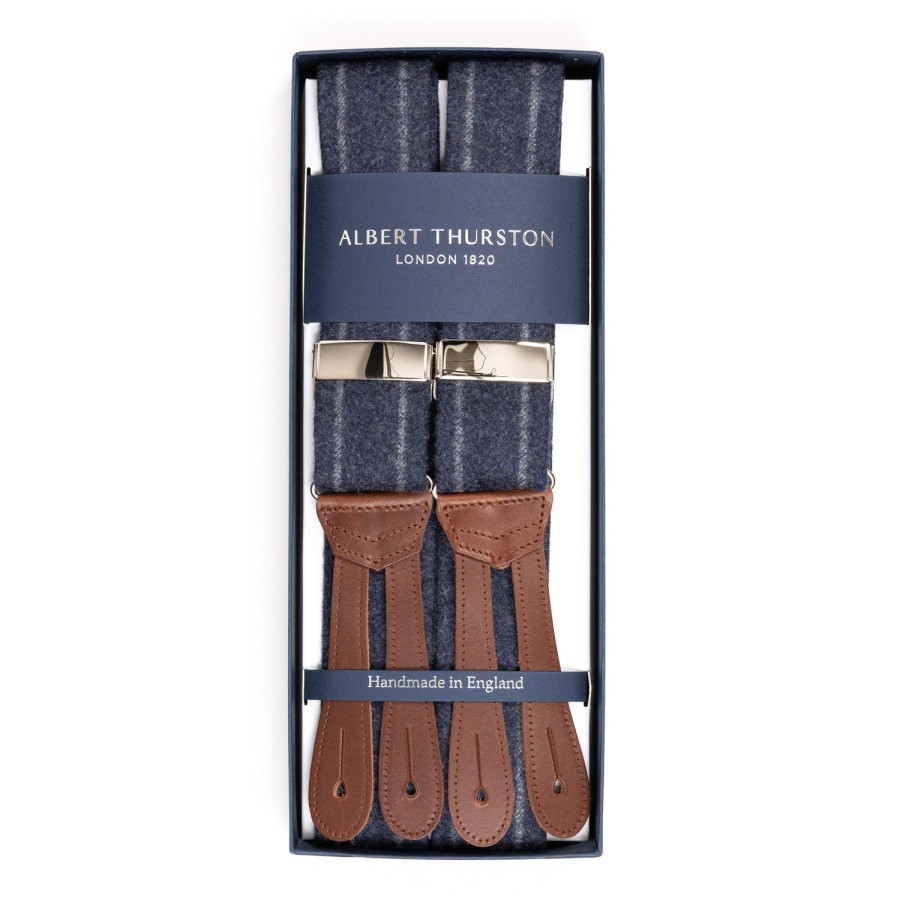 Braces | Albert Thurston Denim Blue Braces "Dugdale Chalkstripe-Flannel" With Buttons