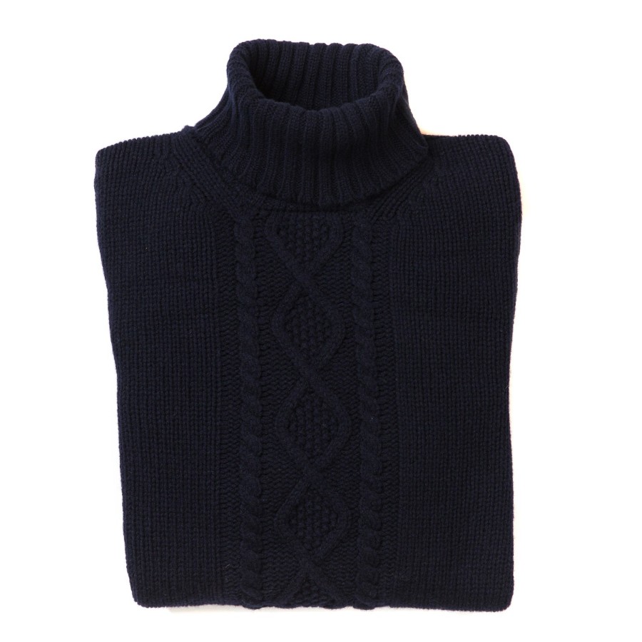 Knitwear | William Lockie Dark Blue Turtleneck Sweater "Alain Aran-Cable" Made Of 6 Ply-Lambswoo