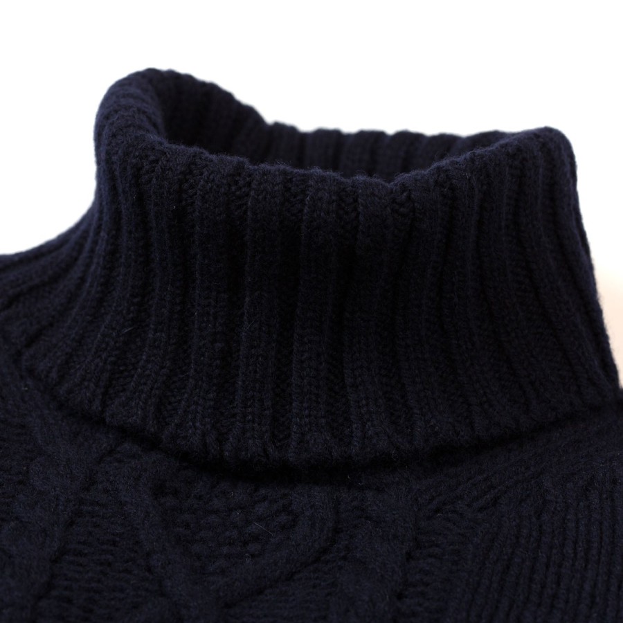 Knitwear | William Lockie Dark Blue Turtleneck Sweater "Alain Aran-Cable" Made Of 6 Ply-Lambswoo