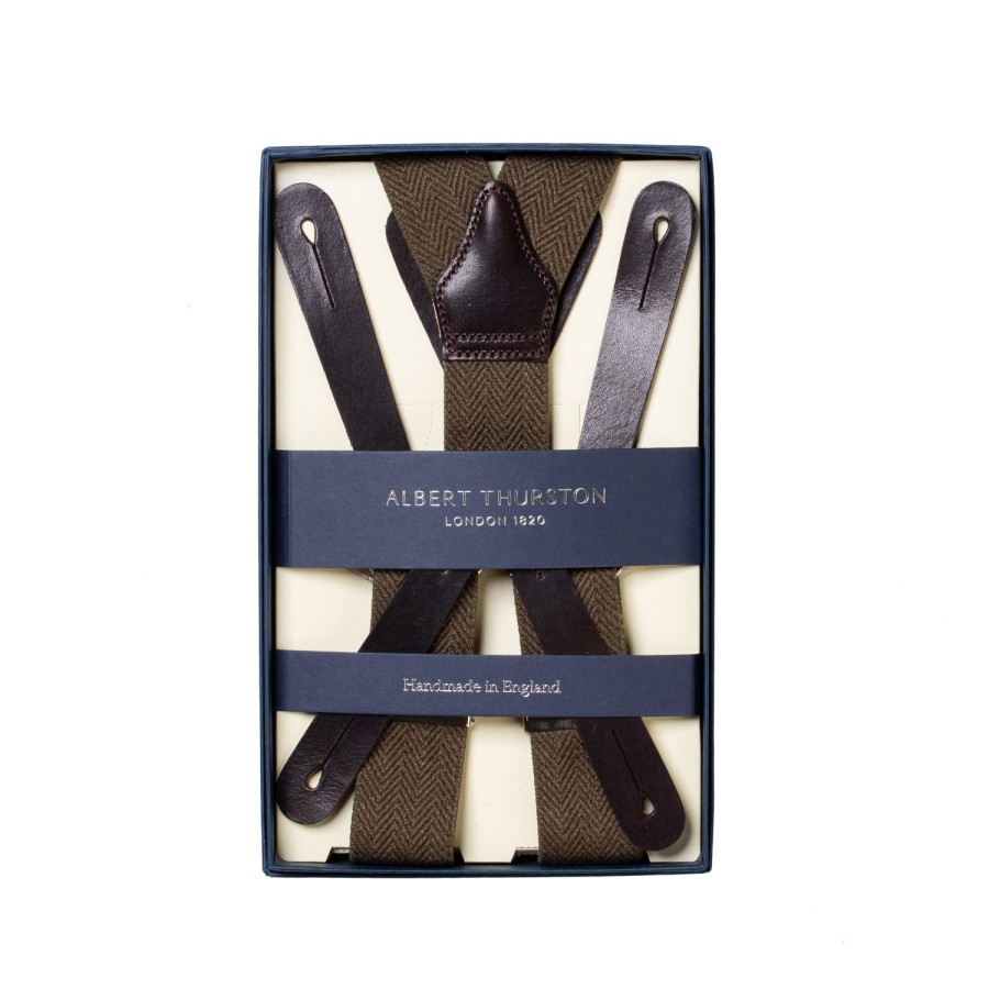 Braces | Albert Thurston Olive-Colored Suspenders "Gangs Of New York" With Herringbone Pattern To Button