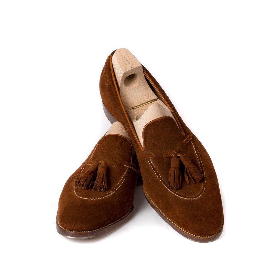 Mto | Saint Crispin's Tassel Loafer "Short Vamp" Made Of Cognac-Colored Suede - Purely Handc