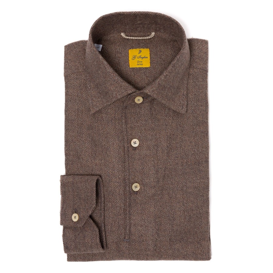 Polo Shirts Long Sleeve | G. Inglese Brown Polo Shirt "Mastroianni" Made Of Pure Cotton - Handmad