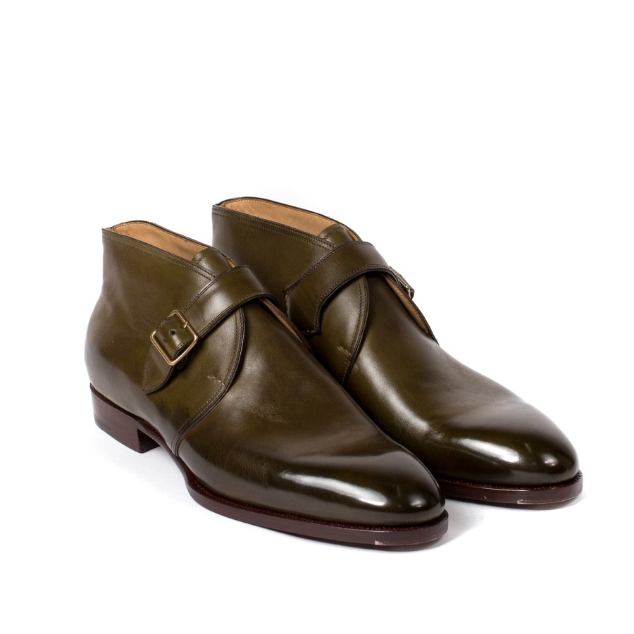 Mto | Saint Crispin's Monk-Bootee "Gilman" Made Of Olive Green Calfskin - Purely Handcrafted