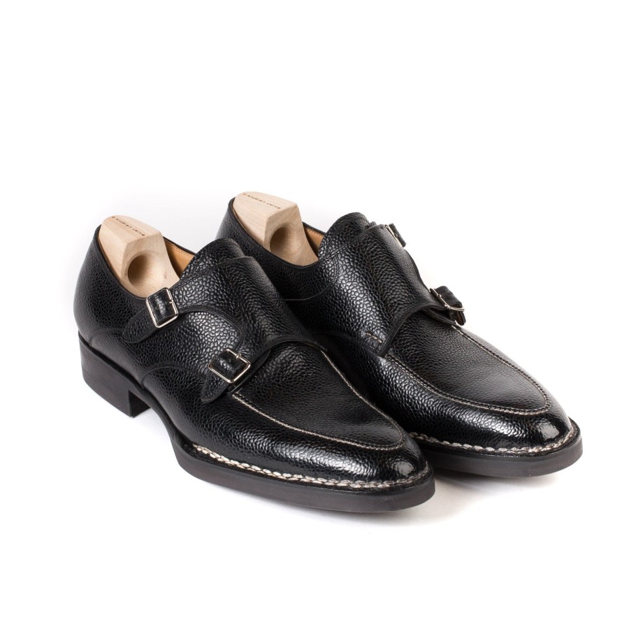 Mto | Saint Crispin's Double Monk "Apron" Made Of Black Scotch Brain Calfskin - Hand-Polished