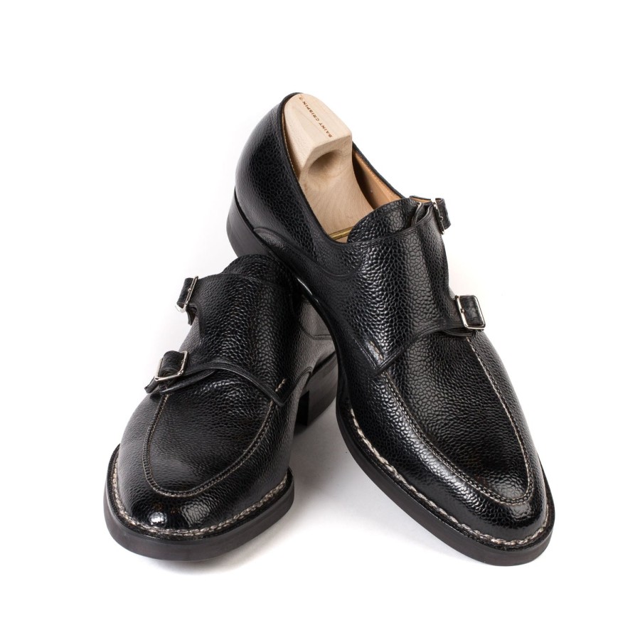 Mto | Saint Crispin's Double Monk "Apron" Made Of Black Scotch Brain Calfskin - Hand-Polished