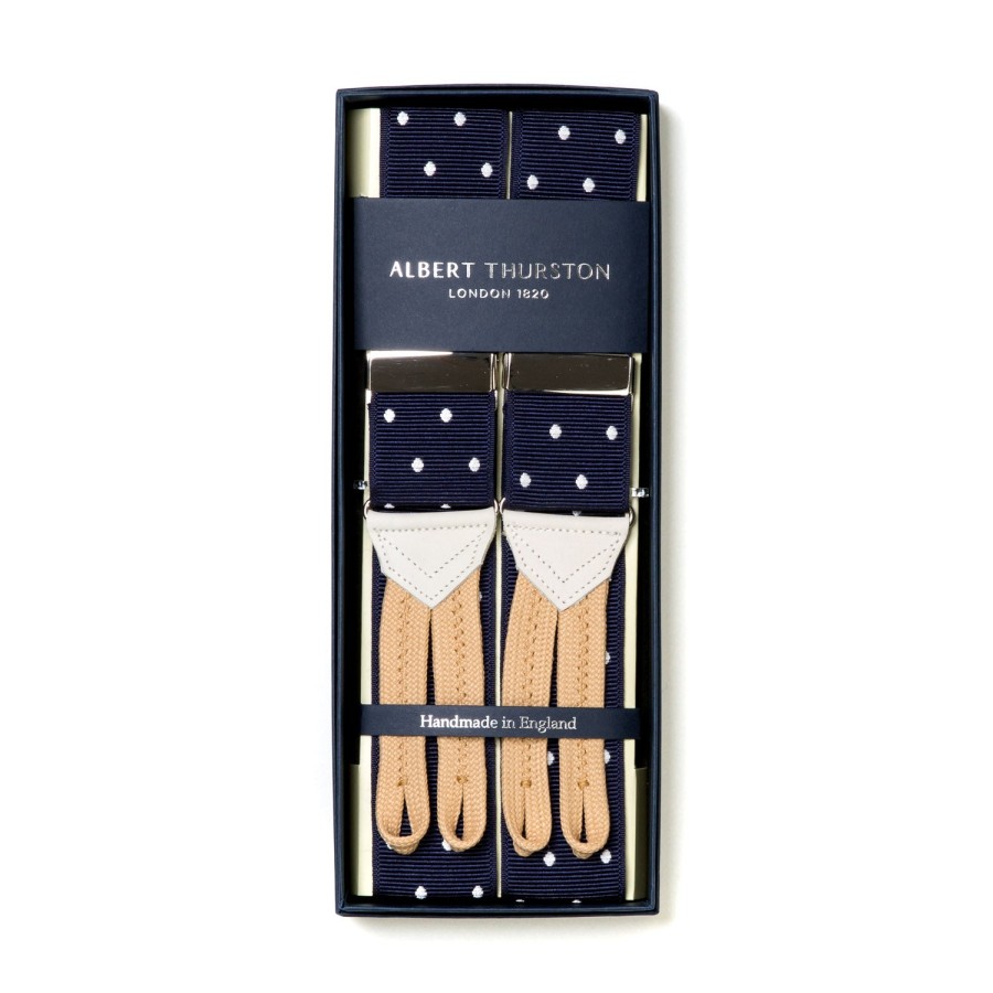 Braces | Albert Thurston Dark Blue Suspenders With White Dots To Button