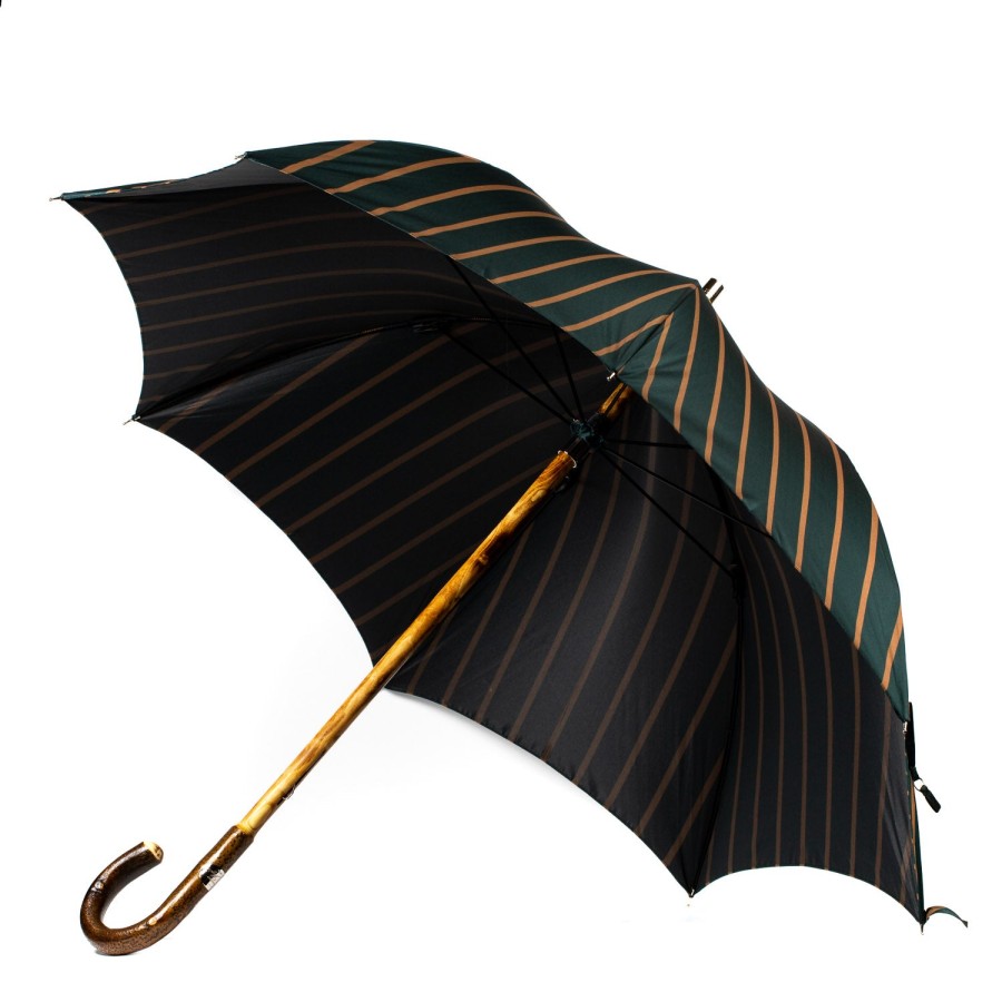 Umbrellas | Maglia Dark Green Striped Umbrella With Handle Made Of Walnut