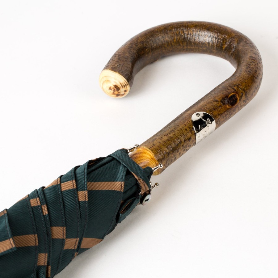 Umbrellas | Maglia Dark Green Striped Umbrella With Handle Made Of Walnut