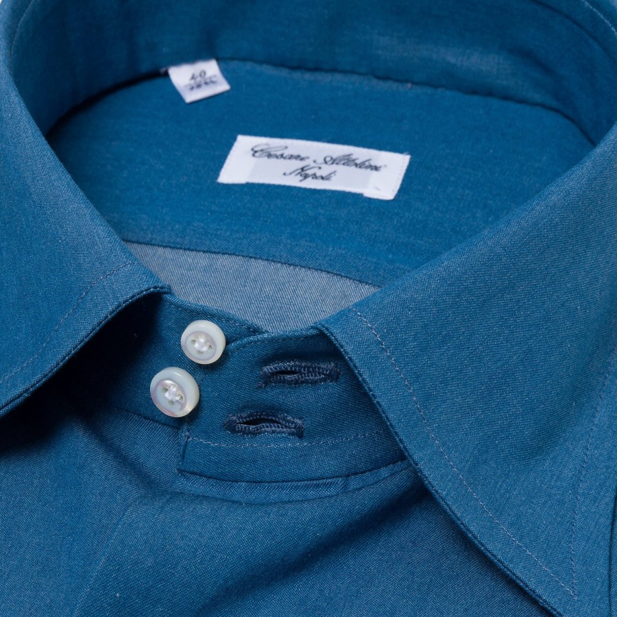 Shirts | Cesare Attolini Shirt "Denim Sartoriale" In Fine Cotton Twill From Alumo - Collo Marco