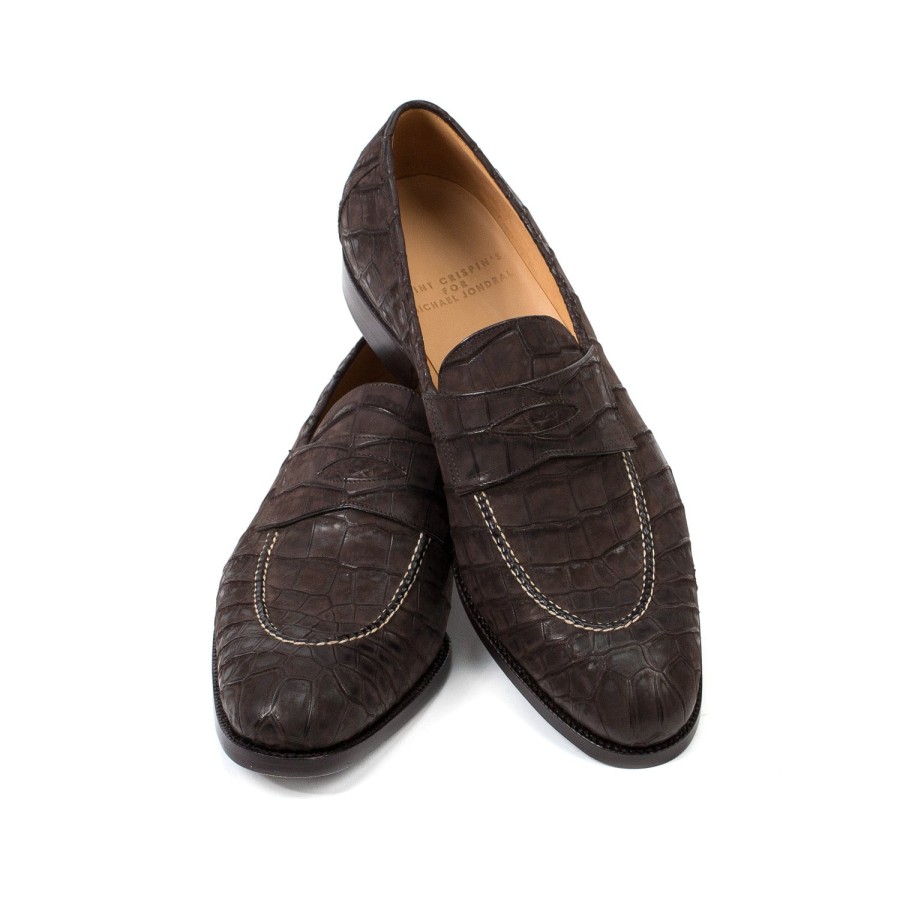 Mto | Saint Crispin's Pennyloafer "Dress" Made Of Dark Brown Croc-Suede - Purely Handcrafted