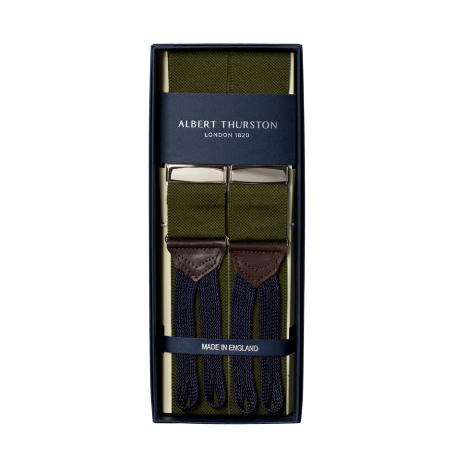 Braces | Albert Thurston Olive-Colored Suspenders "Rigid Plain" To Button