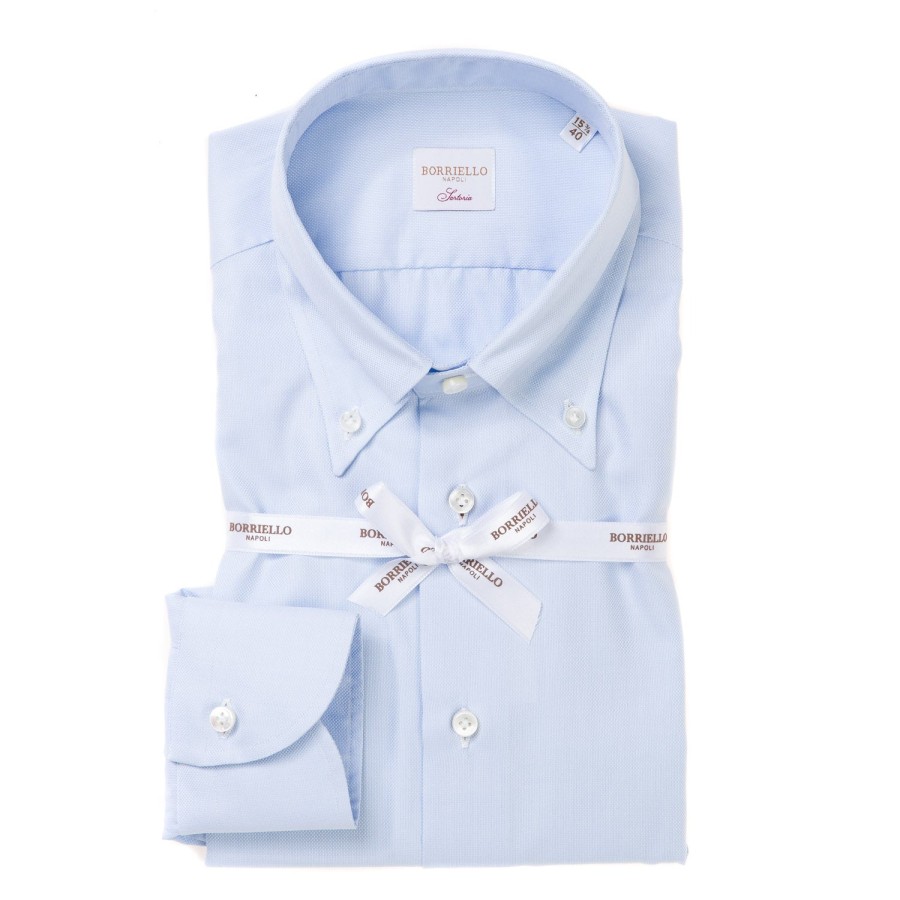 Shirts | Borriello Light Blue Shirt "Royal Oxford" With Button-Down Collar And Barrel Cuf