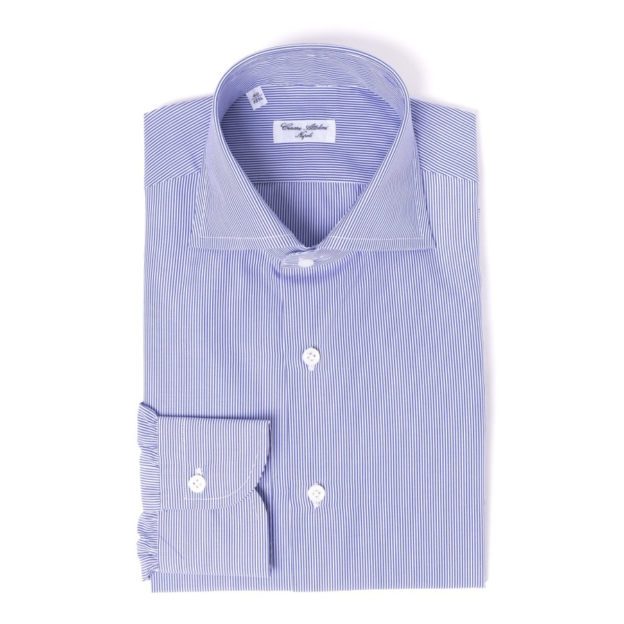 Shirts | Cesare Attolini Ink Blue Striped Pure Cotton Shirt "Millerighe" From Carlo Riva - Coll