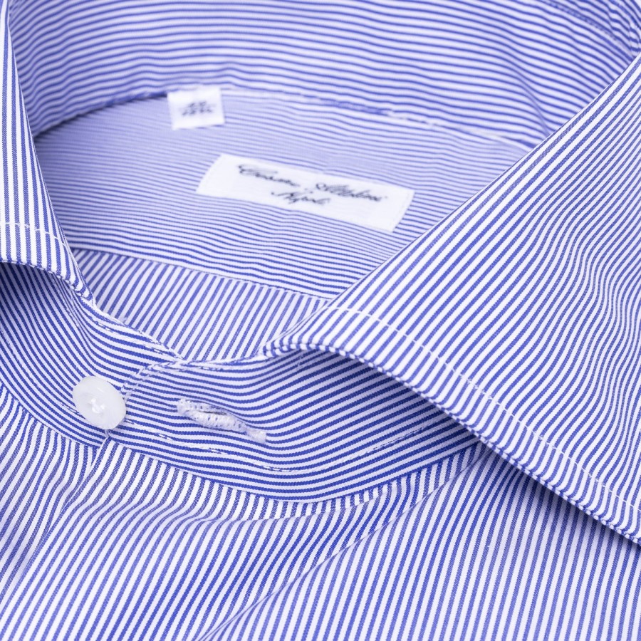 Shirts | Cesare Attolini Ink Blue Striped Pure Cotton Shirt "Millerighe" From Carlo Riva - Coll