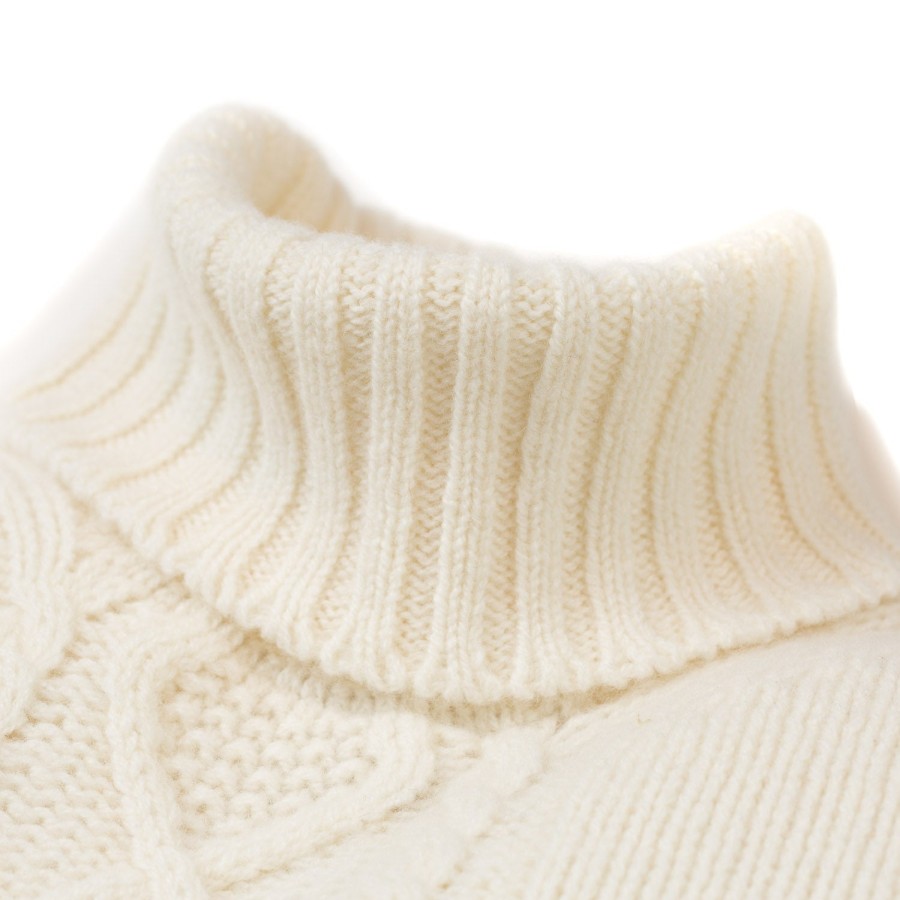 Knitwear | William Lockie Natural White Turtleneck Sweater "Alain Aran-Cable" Made Of 6 Ply Lamb