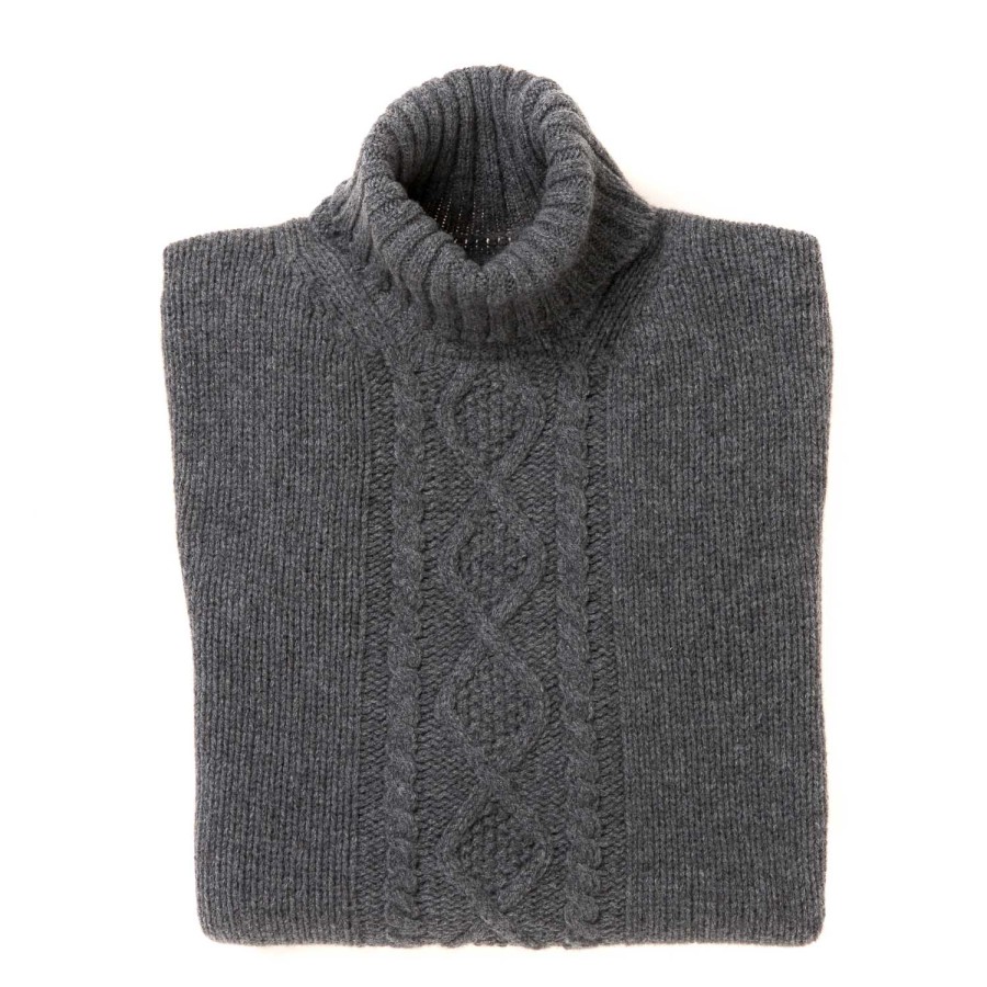 Knitwear | William Lockie Flannel Gray Turtleneck Sweater "Alain Aran-Cable" In 6-Ply Lambswool