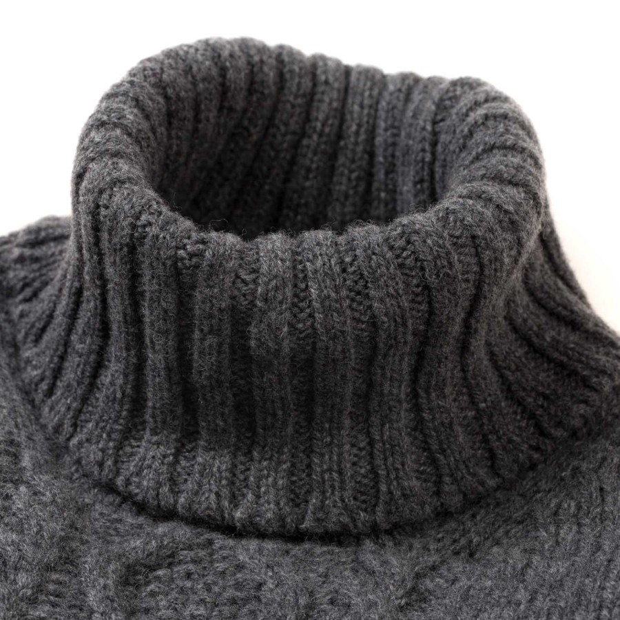 Knitwear | William Lockie Flannel Gray Turtleneck Sweater "Alain Aran-Cable" In 6-Ply Lambswool