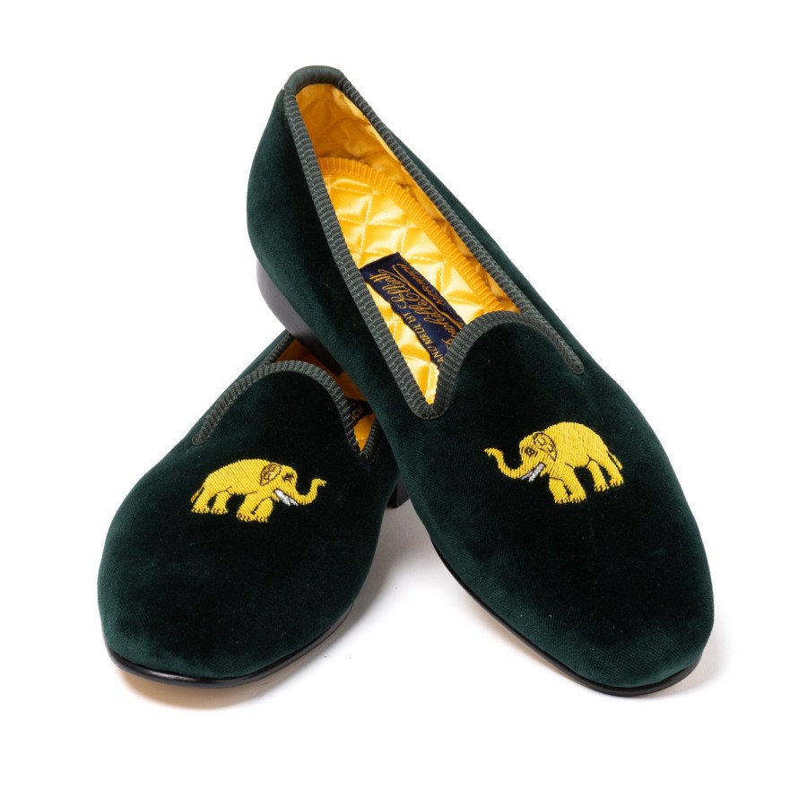 S | Bowhill u0026 Elliott Green Velvet Slipper "Elephant" With Leather Sole - Handmade