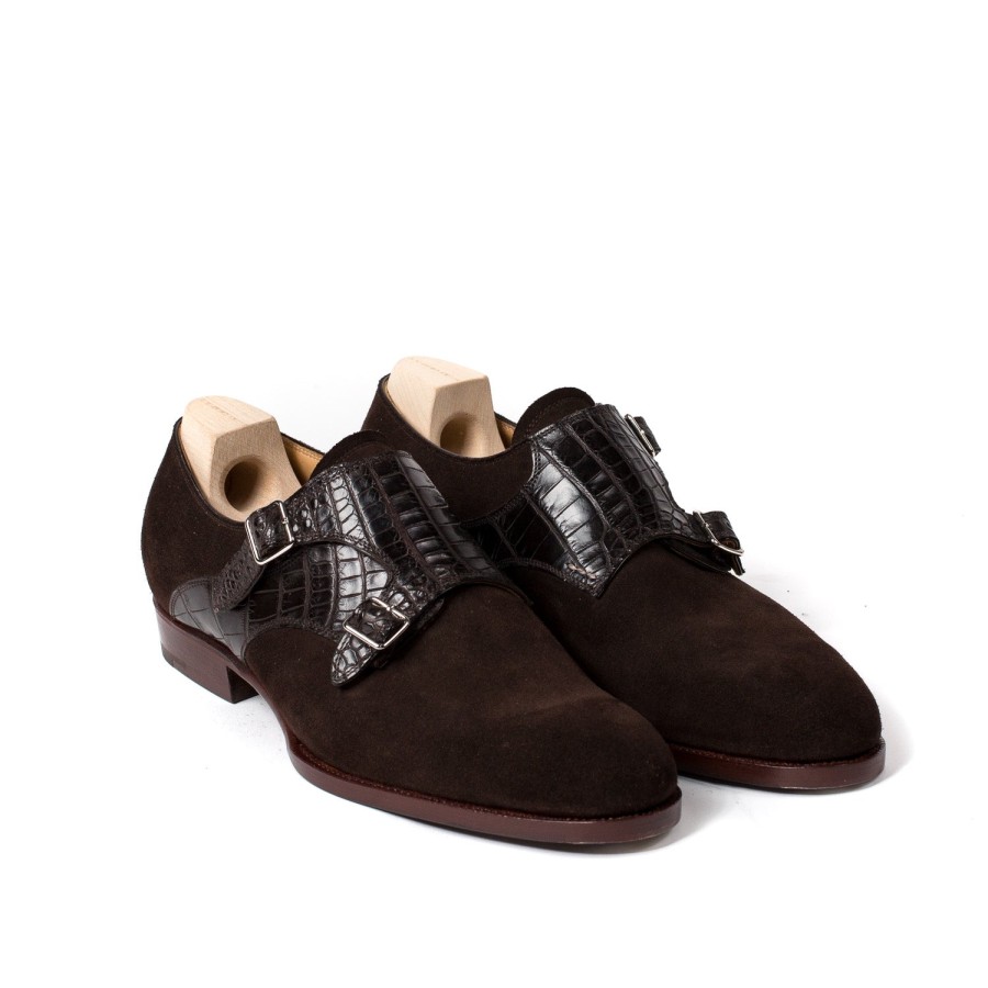 Mto | Saint Crispin's Double Monk "Saddle-Croc" Made Of Dark Brown Suede - Purely Handcrafte