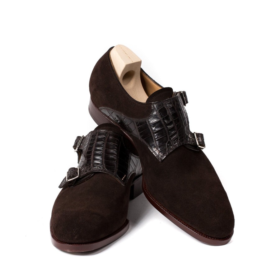 Mto | Saint Crispin's Double Monk "Saddle-Croc" Made Of Dark Brown Suede - Purely Handcrafte