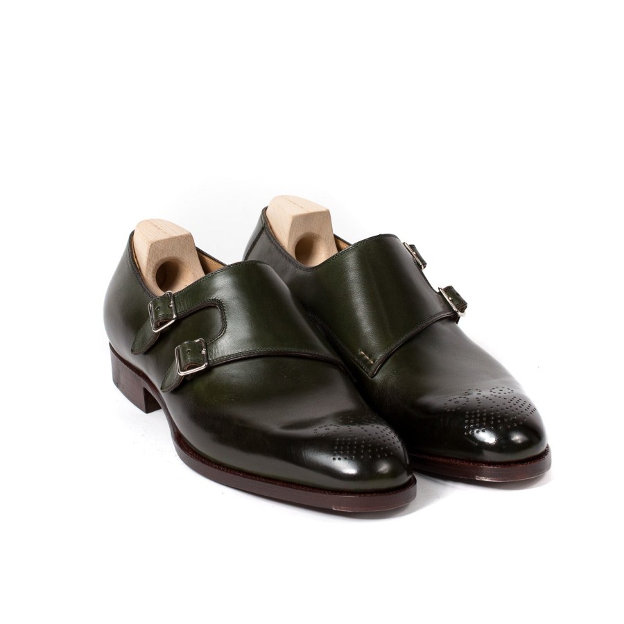 Mto | Saint Crispin's Double Monk "Parallel Straps" Made Of Moss Green Calfskin - Purely Han