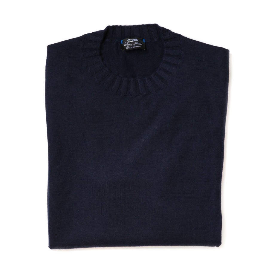 Knitwear | Cesare Attolini Dark Blue Pullover "Round Rib" Made Of Pure Duvet Cashmere