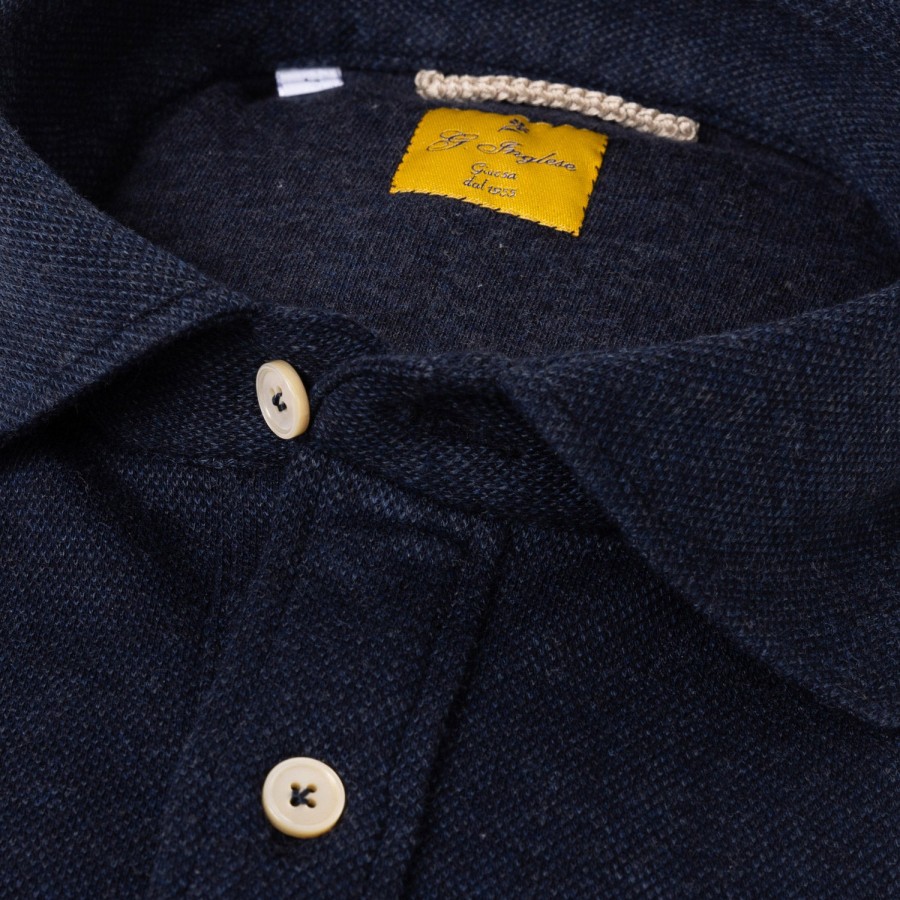 Polo Shirts Long Sleeve | G. Inglese Dark Blue Polo Shirt "Jfk" Made Of Cotton And Cashmere - Purely Handcr