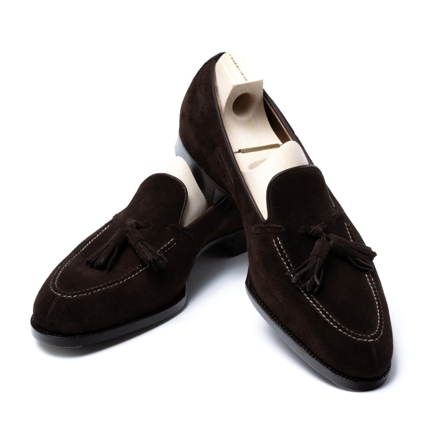 Mto | Saint Crispin's Loafer "Split Toe Tassel" Made Of Dark Brown Suede Leather - Purely Ha