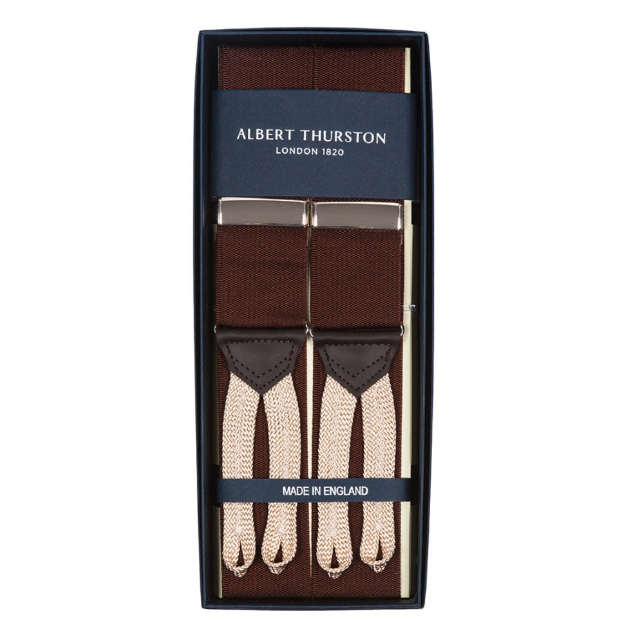 Braces | Albert Thurston Brown Suspenders "Rigid Plain" To Button