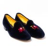 S | Bowhill u0026 Elliott Dark Blue Velvet Loafers "Little Red Devil" With Leather Sole - Handma