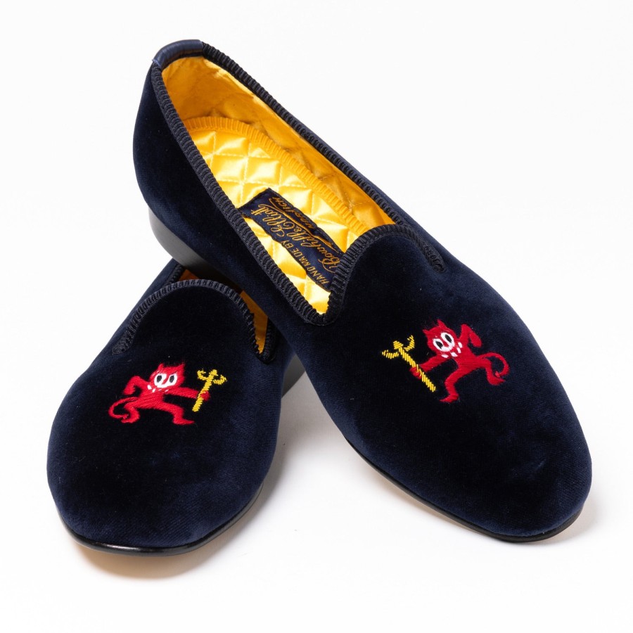 S | Bowhill u0026 Elliott Dark Blue Velvet Loafers "Little Red Devil" With Leather Sole - Handma