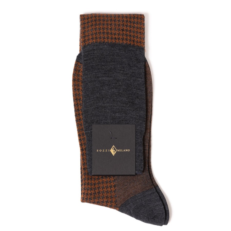 Stockings | Sozzi Flannel Gray And Rust Patterned Merino Wool "Pied De Poule" Knee Sock